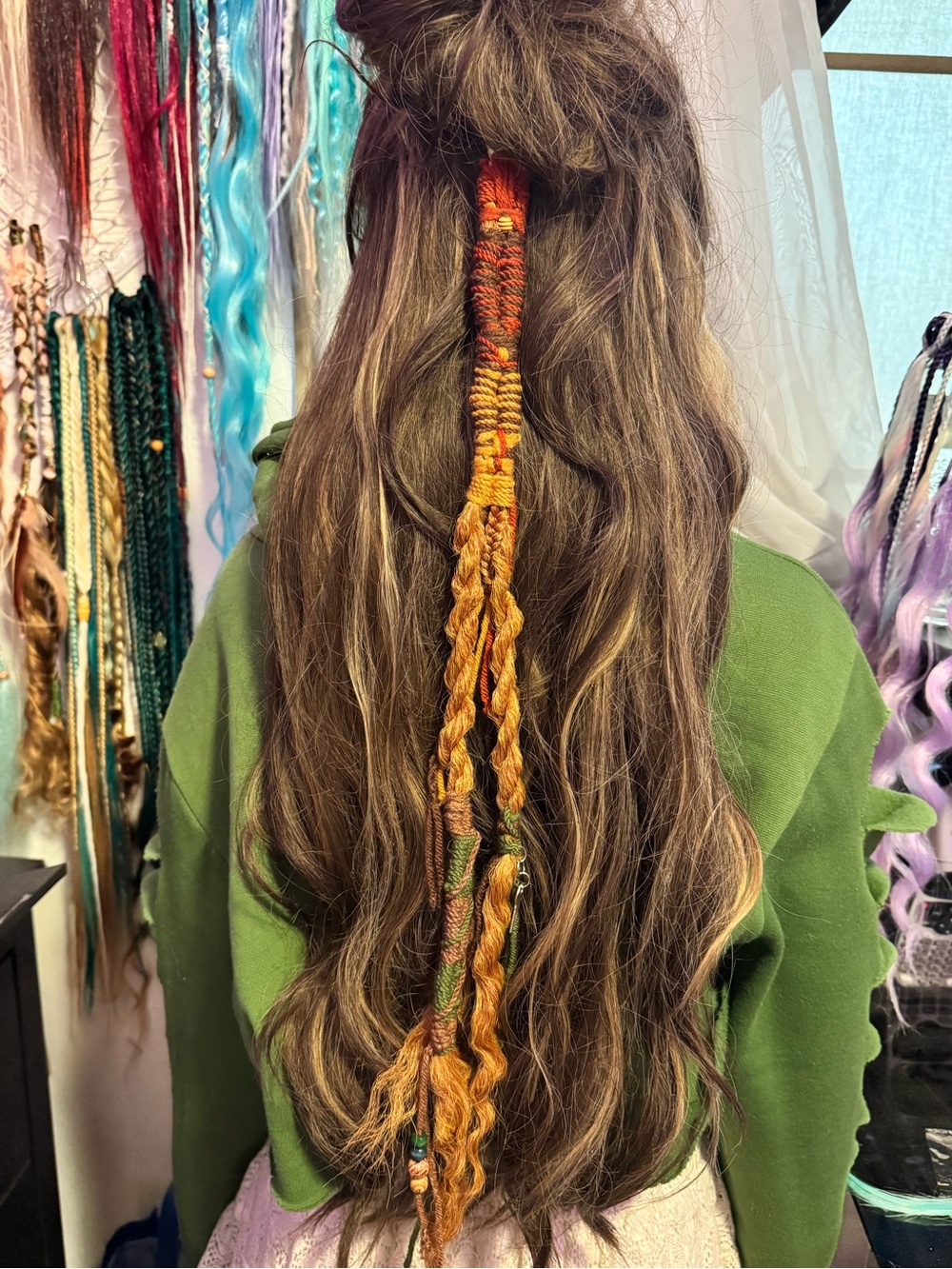 Boho Orange Braided Hair Wrap Extension with Green Accents